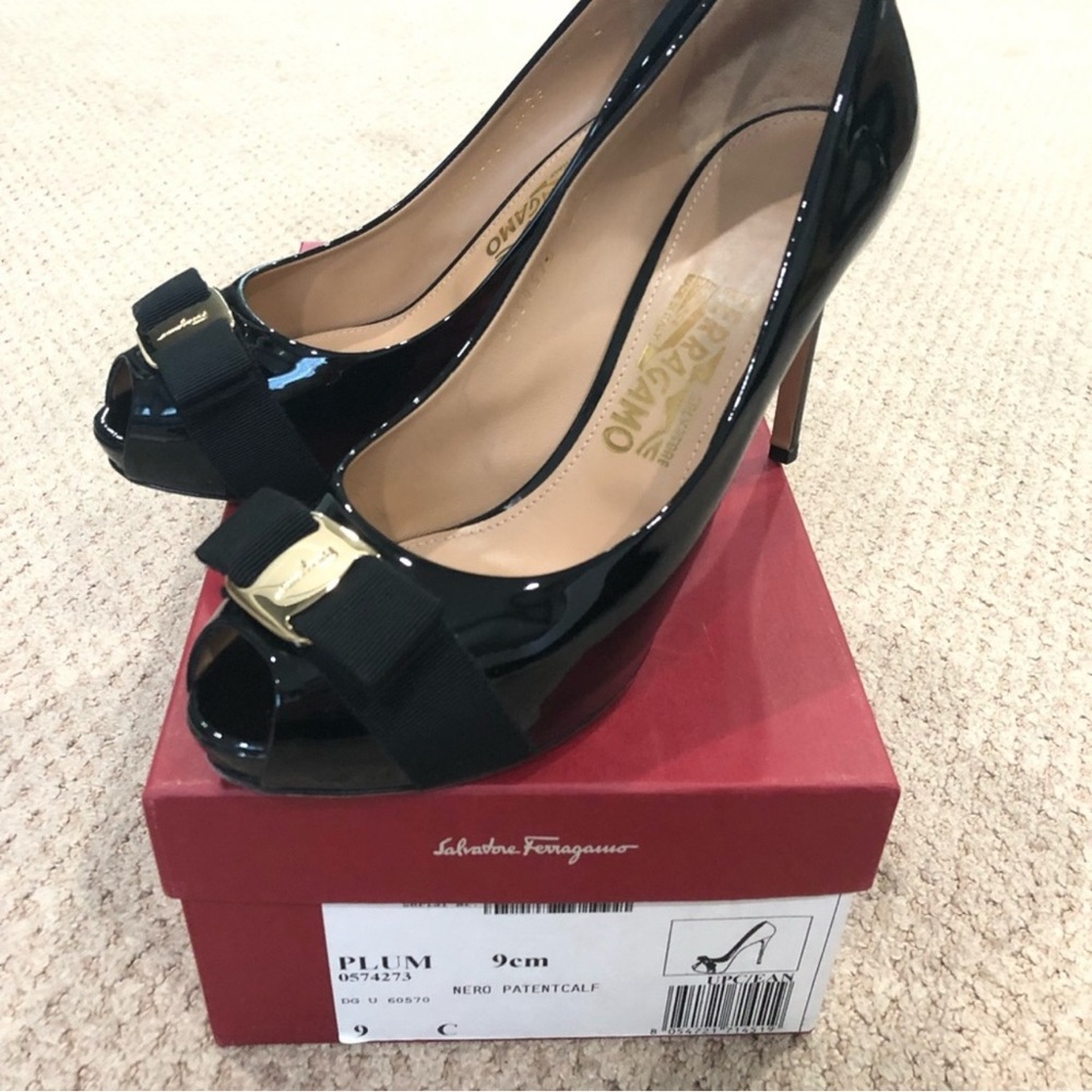 Salvatore Ferragamo Black Patent Leather Peep Toe Heels, 9